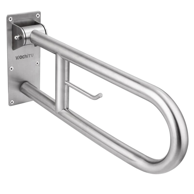 WochiTV 29.5 INCH Stainless Toilet Safety Rails,Disabled Flip-Up Bathroom Grab Bar with Paper Holder,Toilet Handrails Hand Grips Handle Shower Assist Aid, WochiTV Handicap Grab Bars for Elderly - Image 1
